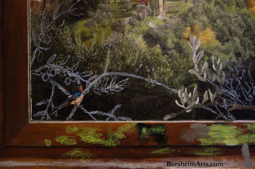 Swallow Rodino painted in acrylic while olive branches still in chalk in mural