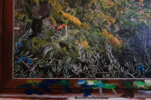 Mural coming together with Swallow looking right at the viewer among the olive branches