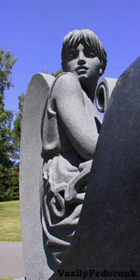 "Recording Angel" (detail) granite tombstone by Vasily Fedorouk Seattle