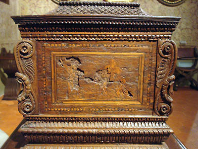 Beautifully carved wooden chest Bardini Museum Florence Italy