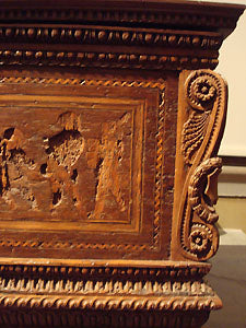 Detail of hand carved wooden chest with bas-relief sculpture Bardini Museum Florence Italy
