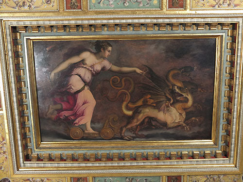 [Woman Chases Creature Ceiling Art in Palazzo Vecchio Museum in Florence Italy]