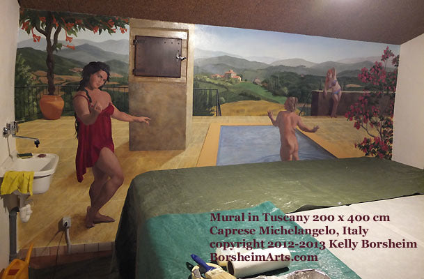 New Tuscan Mural 3 Women Pool Terrace Landscape Caprese Michelangelo Italy