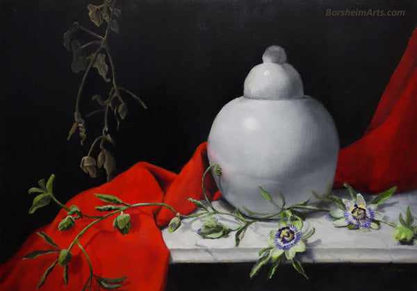 Red White Passion Flowers Still Life Oil Painting Bright Red Cloth