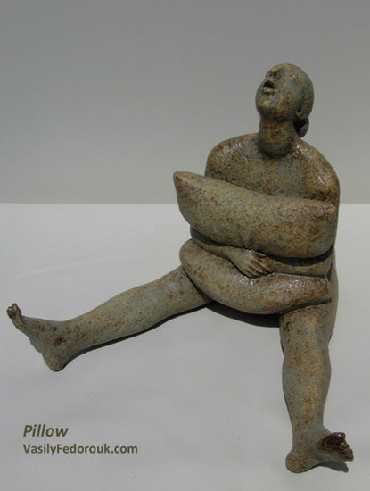 Pillow Ceramic Sculpture Person Hugging Pillow with Legs Spread sitting