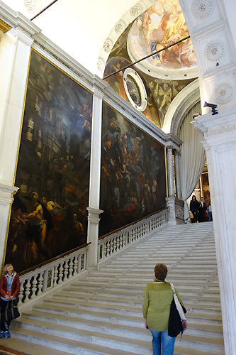 Staircase with huge figure paintings La Grande Scuola di San Rocco, Venice