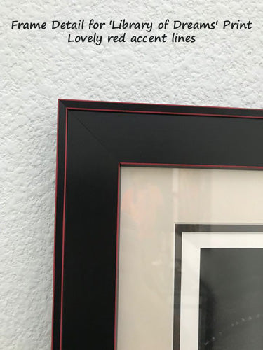 Library of dreams reproduction of charcoal drawing framed with white, black and red.  Detail