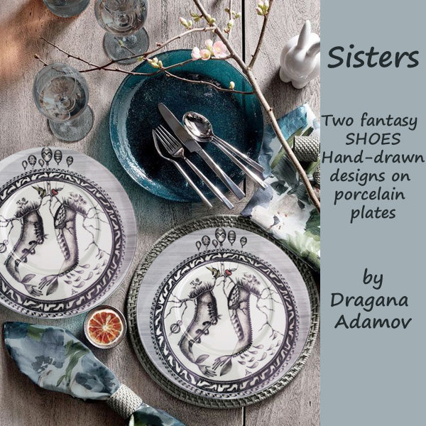 Sisters, an original hand-drawn design on porcelain plate by Dragana Adamov