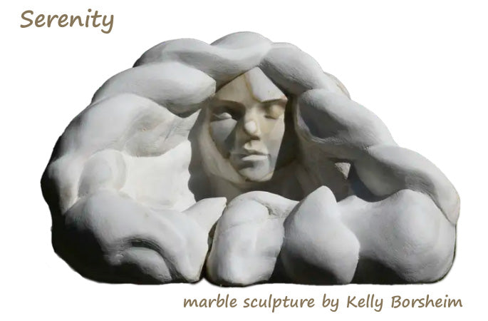 Serenity, serene portrait of a young woman with flowing locks of hair swirling around her, carved in gold-veined Italian marble by Kelly Borsheim