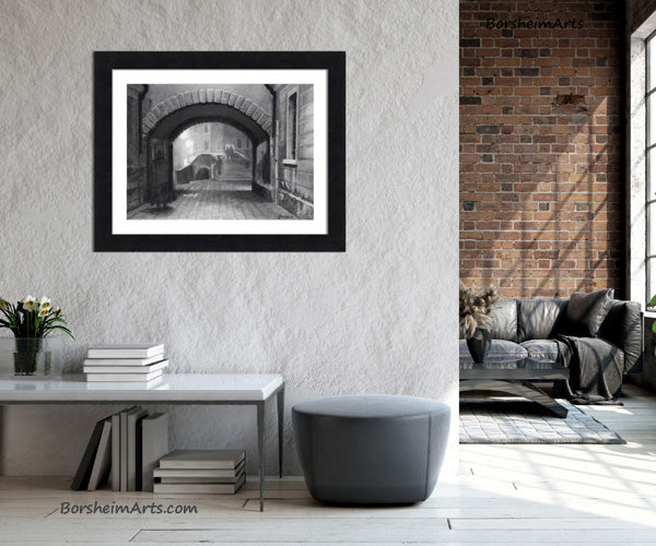 Charcoal drawing of Venice, Italy, in faux environment mockup for how the art could look in a home.