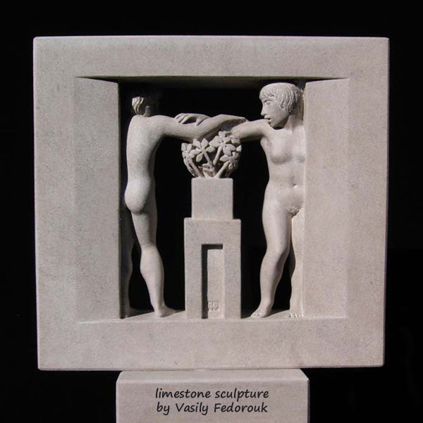 Romantic couple reaches out to entwine their arms over a bouquet of flowers limestone sculpture by Vasily Fedorouk