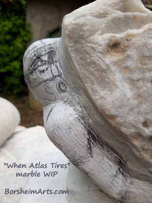 When Atlas Tires is a figurative stone carving work in progress (WIP) in Carrara white marble by Kelly Borsheim