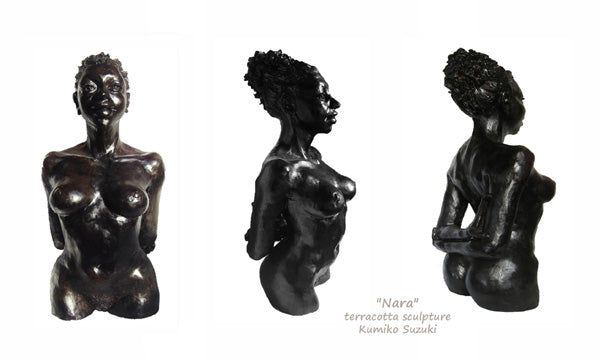 Three views of black terra-cotta sculpture of the female figure by Kumiko Suzuki