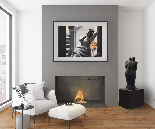 Check out this living room scene with Spotted, a drawing by Kelly Borsheim of a woman and a leopard, with a romantic stone carving of a dancing couple, including ear nibbling in Tango by Vasily Fedorouk.