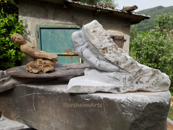 See developing artworks via Patreon.com/KellyBorsheim ... this is When Atlas Tires in Carrara white marble