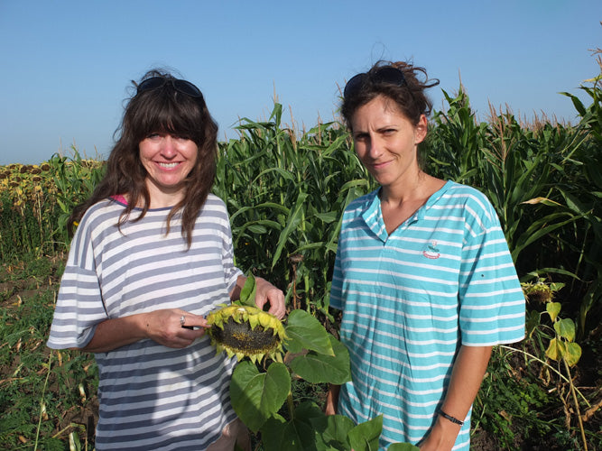 2012 August 7:  Artists Kelly and Dragana in farming clothes!  Dolovo, Serbia.