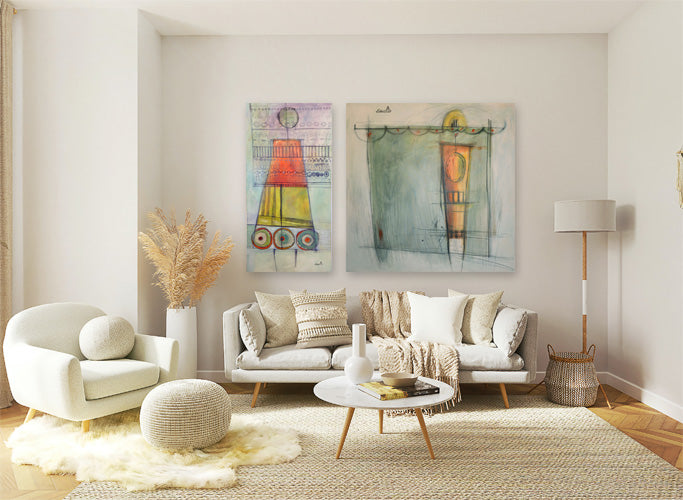 Athena and Aphrodite paintings splash some color into this neutral home decor.