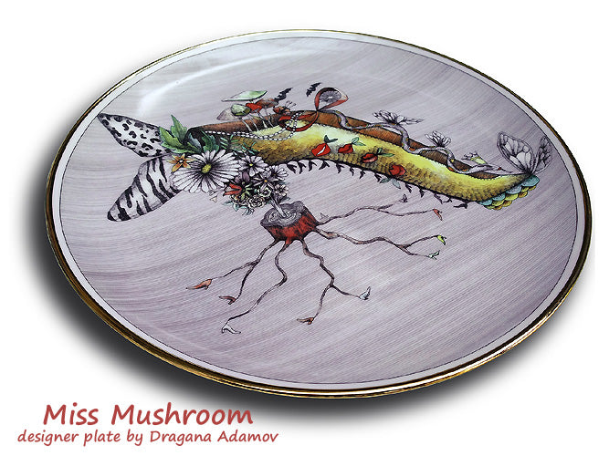 Miss Mushroom, fantasy shoe illustration made into a designer plate, artist Dragana Adamov