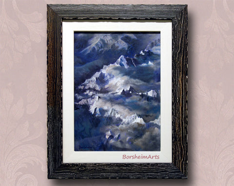 Small framed painting of The Swiss Alps in blues, purple, teal, and white, great gift art for mountain lovers by Kelly Borsheim