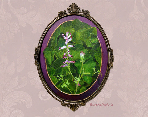 Trompe l'oeil painting of English Ivy and a wild flower emerging from an oval mat, metal oval frame Vintage Italian, great gift idea.