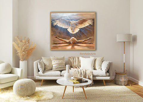 Large rootbeer-colored monochromatic painting of man and bird of prey, snowy owl, in light neutral colored living room