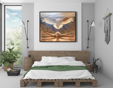 Rise, a painting of man and his spirit animal, a snowy owl, hangs over the bed in a contemporary bedroom with southwest US touches decor