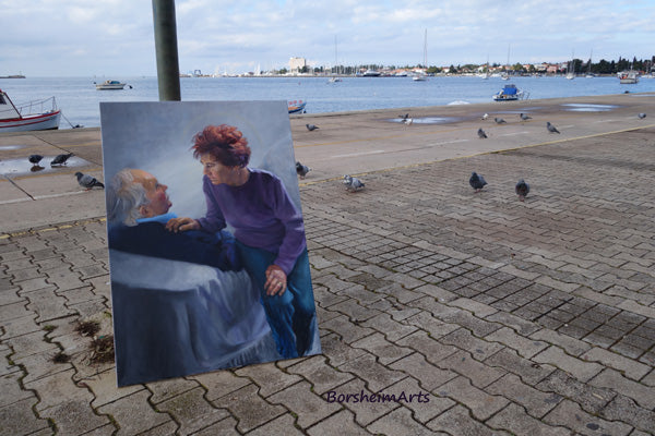 walking the painting to the local photographer along the sea in Umago Istria, Croatia