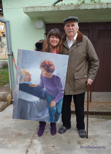 Artist Kelly Borsheim poses with her painting of a Croatian couple and the husband model outside of his home.