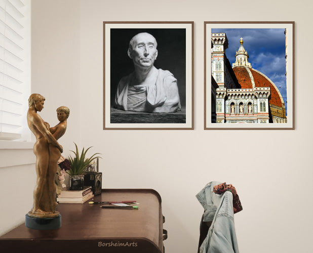 Niccolo da Uzzano, banker of the Medici sculpted by Donatello (and then I drew a charcoal of the plaster cast copy) lends a serious air to your home office.  While I make these fine art prints, and thus, need a few days to get it to you, the photograph of Florence's Duomo IS an instant digital download. More to choose from in the shop.  Also, on the left, you will see the bronze sculpture "Together and Alone" (which ships from Norfolk, Virginia).