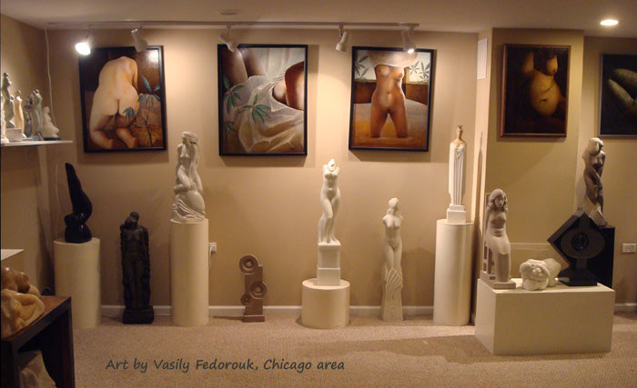 inside the home gallery of artist Vasily Fedorouk, see stone sculptures and his nude figure paintings