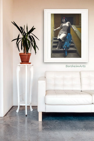 this detail image of a living room with white couch and plant stand has beautiful concrete floors and a print of a woman with a blue panther framed above the couch.  Art giveaway promotion with Concrete Pros of Austin, Texas, and BorsheimArts