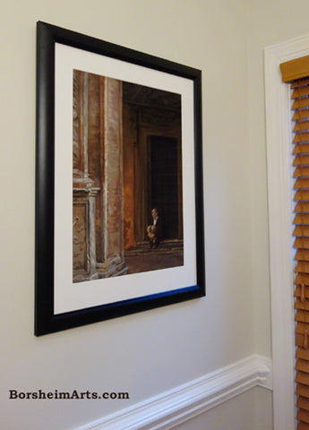 Pensive in Bologna, drawing of lone man sitting in architecture in Bologna, shown framed of wall in dining room