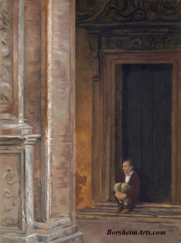 original charcoal and pastel drawing of man sitting alone under Italian architecture
