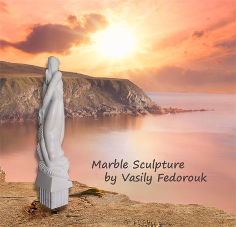 Children of Paradise figure sculpture in marble, shown here in a dramatic image of a sunset on the cliffs, art by Vasily Fedorouk