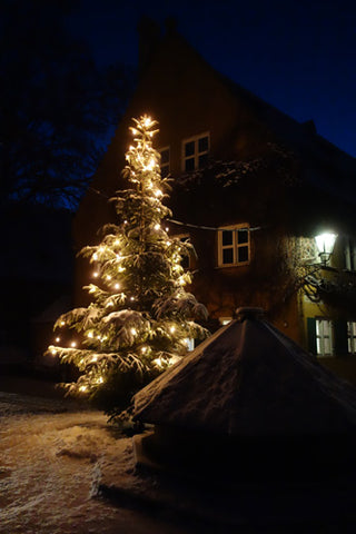 Christmas tree lights up the night in this charming neighborhood of the Fuggerei in Augsburg Bavaria Germany