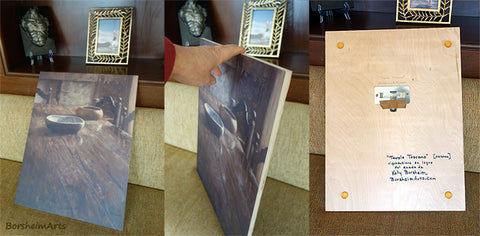 Three views of the print on wood of the painting "Tuscan Table" by Kelly Borsheim