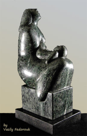 Mother and Child sculpture in green marble, carved by Ukrainian-American artist Vasily Fedorouk