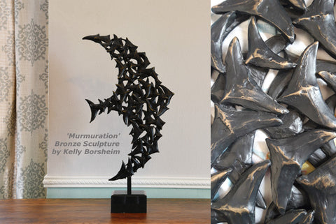 Whole view and a detail image of the bronze bird sculpture made up of much smaller birds flying.  A vertical tabletop artwork of a bird in flight as a group, called a murmuration.