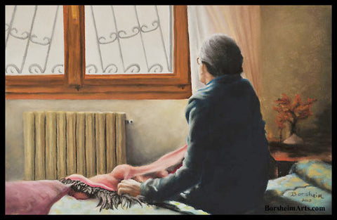 An old woman sits up in bed after she hears the song of a bird outside of her window, Songbird, a pastel painting by Kelly Borsheim