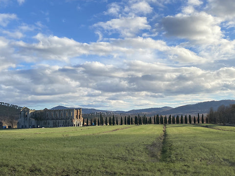 view of the Abbey of San Galgano from the Rotunda on the way to the parking lot, Chiusdino, Siena, Tuscany, Italy