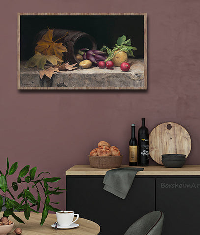 art print from oil painting, a still life artwork of Artichoke, Radishes, potatoes, and a cornucopia of sorts