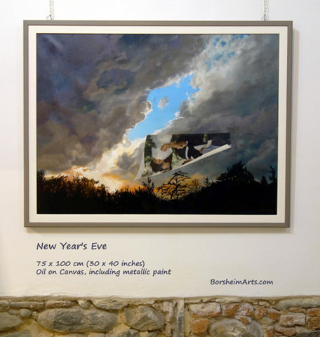 painting of a wedding photo flying off with the wind during a New Year's Eve sunset with clouds