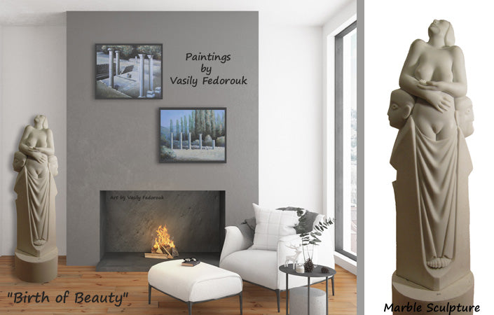 Tall white marble sculpture The Birth of Beauty by Vasily Fedorouk is seen here shown alone, and in a living room with fireplace and two of the same artists paintings on the wall.