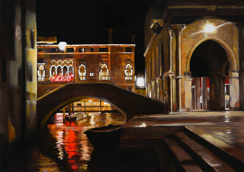 original oil painting on wood of the Fish market in Venice, Italy, as seen at night, a lone woman hides behind a wall