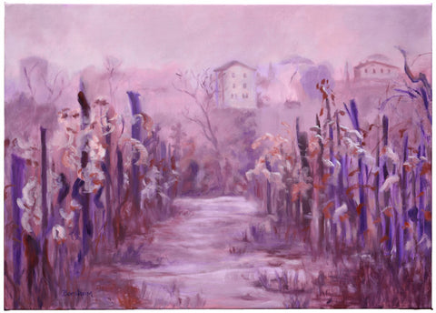 Vineyard in Fog Montecarlo Tuscany, an original oil painting using surreal colors by artist Kelly Borsheim art