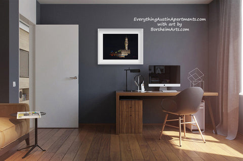 Palazzo Vecchio is a pastel drawing on black Italian paper, shown here in a home office by Everything Austin Apartments