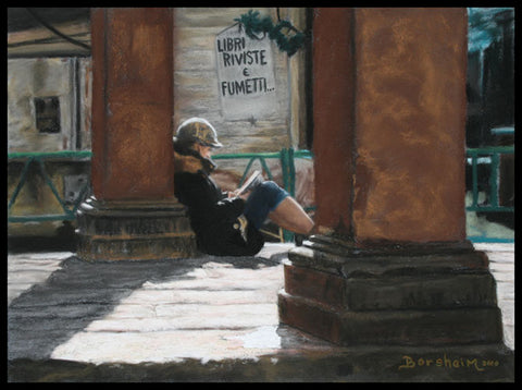 Pastel Painting by Kelly Borsheim:  A young woman sits leaning against an old stone pillar in Florence, Italy, reading in the warmth of the winter sunlight.