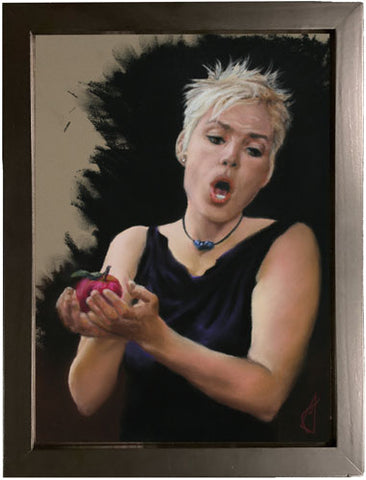 a pastel painting of a blonde woman in a sleeveless black evening dress sings as she cups an apple in her upturned, joined hands Reluctant Temptress by artist Kelly Borsheim