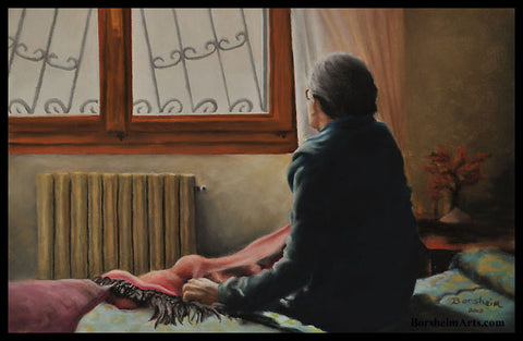 Songbird, a small pastel painting on board of an older woman sitting up in bed, her back to the viewer, looking out the window in the direction of the song of a bird.