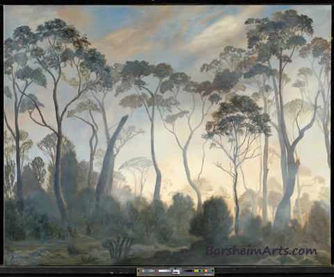 Tall spindly trees tickling the skies from within transparent cloud cover in Tasmania. This painting is now available as prints and on other home decor items.